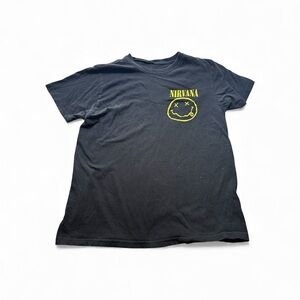 NIRVANA Mens Black Streetwear Tee with Yellow Logo Smiley Face Size Medium
